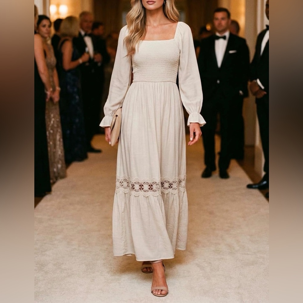 ZESICA Boho Long Sleeve Square Neck Smocked Maxi Dress ~Apricot~Size 4/6 ~ NWOT - Picture 4 of 16